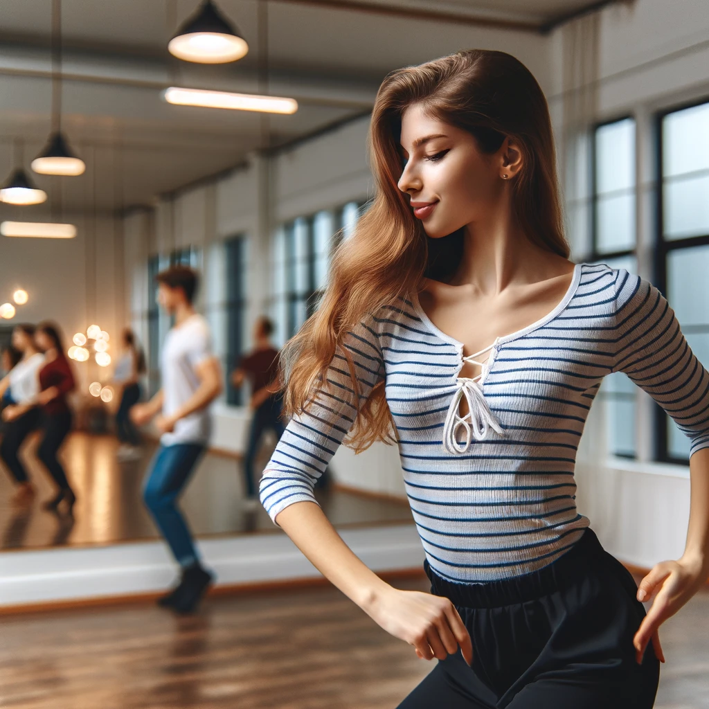 The image has been created to represent a female participant learning jazz dance in a dance class, capturing her engagement and enthusiasm within an authentic dance studio environment